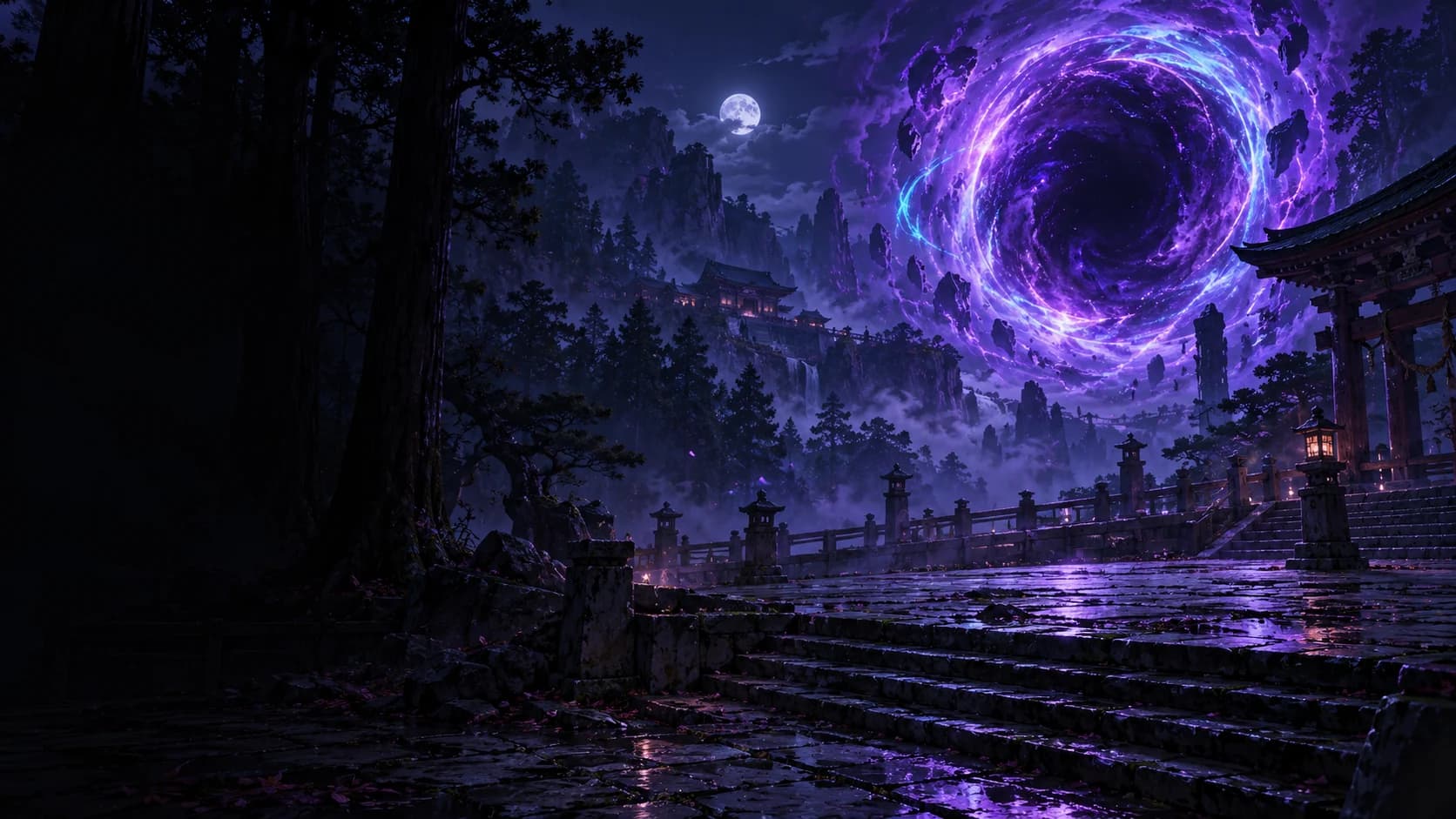 Original fan illustration of a moonlit sorcerer courtyard with violet energy